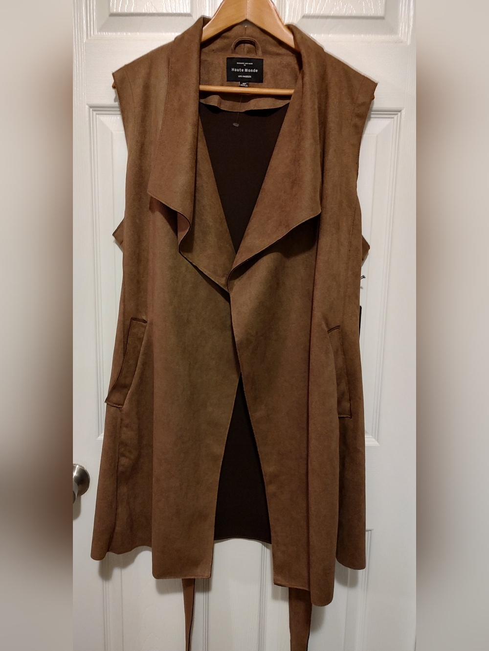 Haute Monde Brown Open-Front Draped Sleeveless Vest